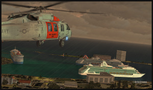 Photo d'un UH-60L (FSX) Blackhawk en approche vers des navires de croisière dans le port de Nassau