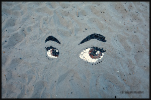 Artwork in sand on Willows Beach, Victoria, 2014