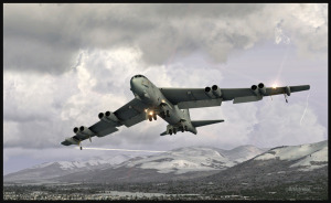 Boeing B-52 with flaps and gear out on the approach for Anchorage (FSX)