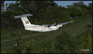 A United Nations Dash 7 after landing uphill on runway 07 in Kagi, Papua New Guinea