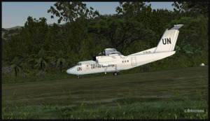 A United Nations Dash 7 ready for takeoff on runway 25 in Kagi, Papua New Guinea