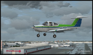 Piper Tomahawk PA-38 and the Bombardier and AirCanada buildings at the Montréal Pierre-Elliott-Trudeau international airport (FSX)