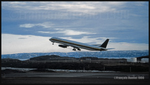 N795AL DC-8-63 Trans Ocean airborne runway 18 in Iqaluit in 1990