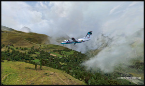 A Sat Airlines aircraft is on final for the Peyresourde mountain airfield