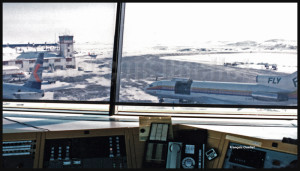 A view from the Iqaluit flight service tower: a First Air Boeing B-727 and a Canadian Airlines Boeing B-737