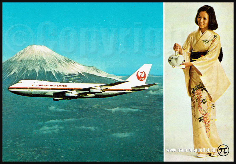 Japan Air Lines Boeing 747 devant le Mont Fuji avec geisha sur carte postale aviation