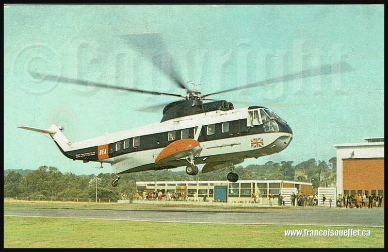 BEA Sikorsky S61N à l'héliport de Penzance, région de Cornwall, Angleterre sur carte postale aviation (vers 1970)