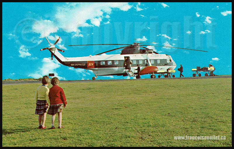 Enfants, pilote, personnel autour d'un hélicoptère de la compagnie BEA sur carte postale aviation