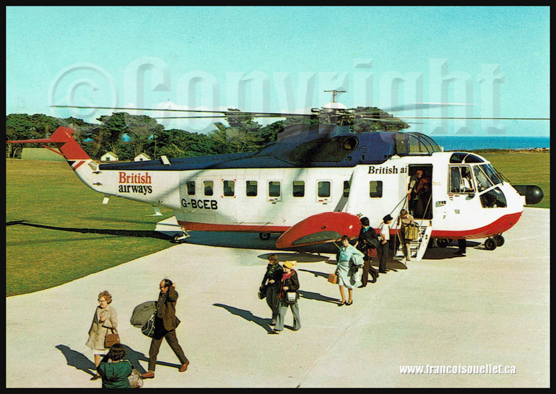 Passagers et hélicoptère British Airways sur Isles of Scilly sur carte postale aviation