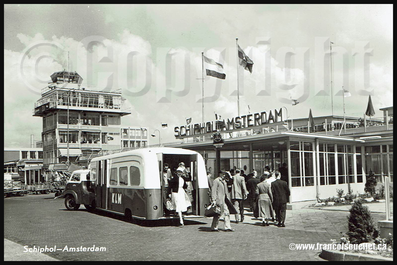 Passengers and KLM transport at Schiphol 1959 on aviation postcard