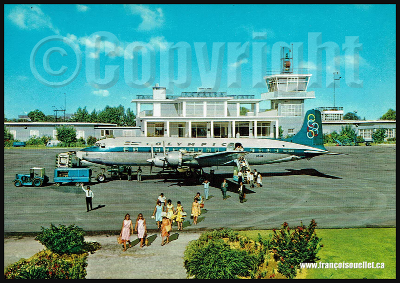 Olympic Airways DC-6B SX-DAD with passengers at Corfu airport on aviation postcard