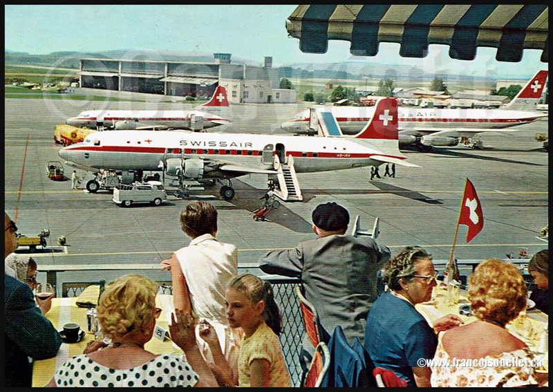 Avions de la Swissair et spectateurs en Suisse sur carte postale aviation