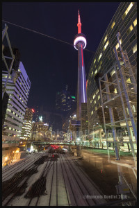 CN Tower and railway at night. Toronto, Ontario (2016)