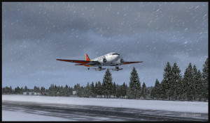 DC-3 on skis airborne from the Homer (PAHO) virtual airport in Alaska (FSX