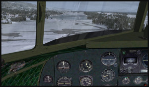 Cockpit view of a virtual DC-3 on final for the Homer (PAHO) ice runway in Alaska (FSX)