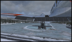 Virtual DC-3 on skis about to touch the threshold of the Homer ice runway in Alaska (FSX)