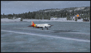 A DC-3 on skis flying few feet over the Homer (PAHO) (FSX) ice runway, a product of the ORBX company