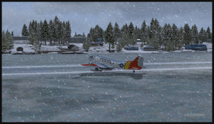 A virtuel DC-3 on skis after a landing on the Homer (PAHO) ice runway in Alaska (FSX)