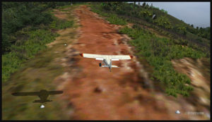 Un Piper Pacer virtuel s'apprête à atterrir sur la piste courbée d'Ononge (ONB) en Papouasie Nouvelle-Guinée PNG (FSX). (Il est possible de voir la courbe débutant au haut de l'image)