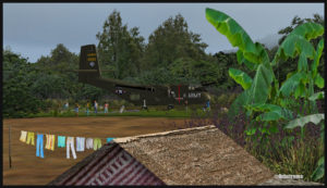Un DHC-4 Caribou virtuel au sol sur la piste d'Asimba (ASB) en Papouasie Nouvelle-Guinée PNG (FSX)
