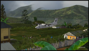 Un avion virtuel De Havilland DHC-7 circule après un atterrissage sur la piste en pente de l'aéroport de Fane (FNE) en Papouasie Nouvelle-Guinée PNG (FSX)