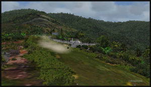 A De Havilland DHC-7 virtual aircraft is airborne from the Fane (FNE) airport's sloped runway in Papua New Guinea PNG (FSX)