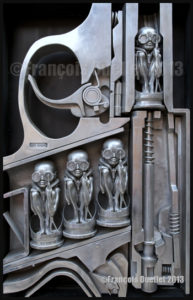 Artwork in front of the H R Giger Museum, Gruyeres, Switzerland 2013