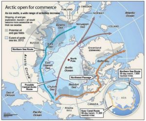 Carte géographique montrant les possibilités de route maritime passant par le Nord (Source: www.businessinsider.com)