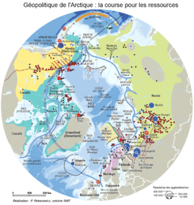 Carte géopolitique montrant la course pour les ressources dans l'Arctique (Réalisation de P. Rekacewicz)