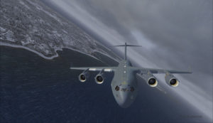 Avion militaire canadien C17-A vire vent arrière piste 10 à l'aéroport virtuel de Block Island (KBID) aux États-Unis (FSX)