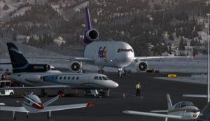 A FedEX Md-11 is taxiing on the ramp at the Telluride airport (KTEX) (FSX)