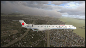 A virtual CRJ-900ER aircraft with the Air Canada colours (Aerosoft) is approaching the Montreal Pierre-Elliott-Trudeau virtual airport (Fly Tampa Montreal)