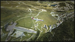 Un avion virtuel CRJ-700ER (Aerosoft) de la compagnie Air France HOP est en vol au-dessus de l'aéroport virtuel de Courchevel en France (LLH Creations)