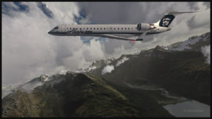 Avion virtuel CRJ-700ER (Aerosoft) de la compagnie aérienne Alaska Airlines au décollage de l'aéroport virtuel de Valdez (ORBX)