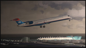 Avion virtuel CRJ-900ER (Aerosoft) de la compagnie U.S. Airways au décollage de l'aéroport virtuel de Denver (Flightbeam Studios)