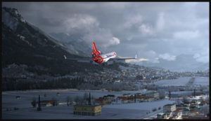 A virtual PMDG MD-11F with full flaps (50 degrees) on final for runway 08 in Innsbruck