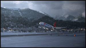 Arrivée du MD-11F virtuel conçu par PMDG sur la piste 08 à Innsbruck