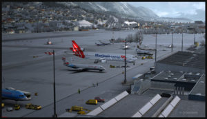 MD-11F virtuel conçu par PMDG stationné à l'aéroport d'Innsbruck en Autriche