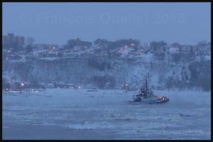 Ocean's tugboat on the St. Lawrence Seaway near Quebec City. Winter 2018, by -20 C.