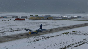 A virtual Blue Angels Lockheed C-130 Hercules takes-off from the High River (CEN4) Canadian airport in Alberta.