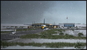 Le C-130 Hercules des Blue Angels en attente derrière un monomoteur à l'aéroport de High River.