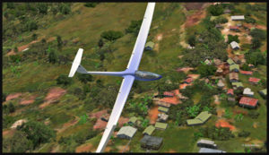 Survol du village de Fane Parish avec un planeur virtuel.