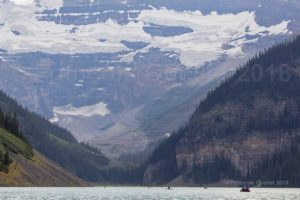 Canoers profit from the beautiful surroundings of Lake Louise, Alberta, in 2018.