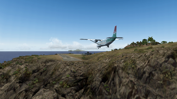 The Shorts 360 is on short final for runway 12 at the Juancho E. Yrausquin airport.