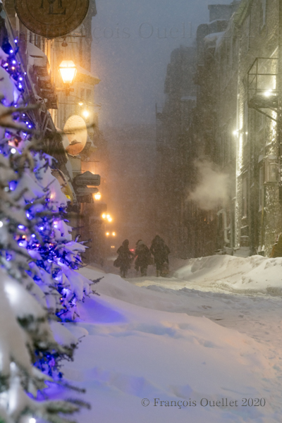 A narrow street in Old Quebec during a winter storm in 2020