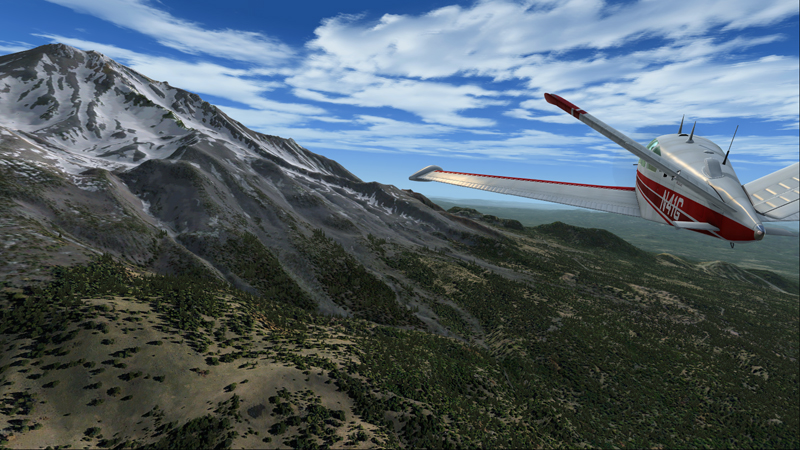 Simulation de vol: le Mont Shasta est en vue.
