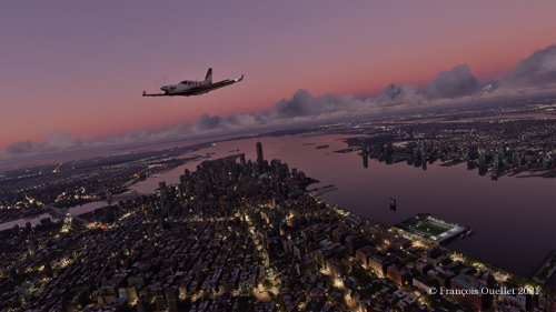 Au-dessus de New York en soirée avec le simulateur de vol Microsoft Flight Simulator 2020.