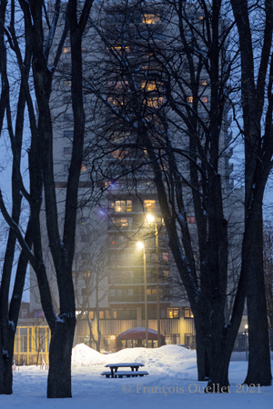 The "blue hour", that special moment of the day, in a park near the MNBAQ.