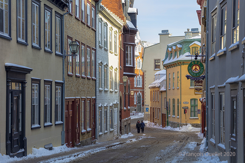 Old Québec houses on Couillard street in winter.