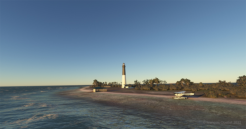 Sur la plage avec le phare de Loggerhead en Floride, avec le simulateur de vol MSFS 2020.